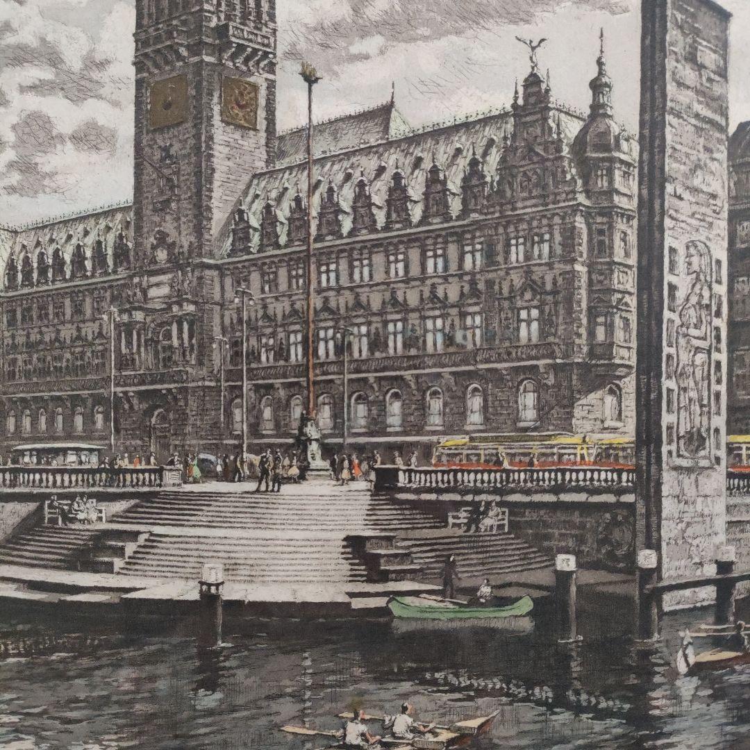 Adler Richard作エッチング『ハンブルク市庁舎とクライネ アルスター』