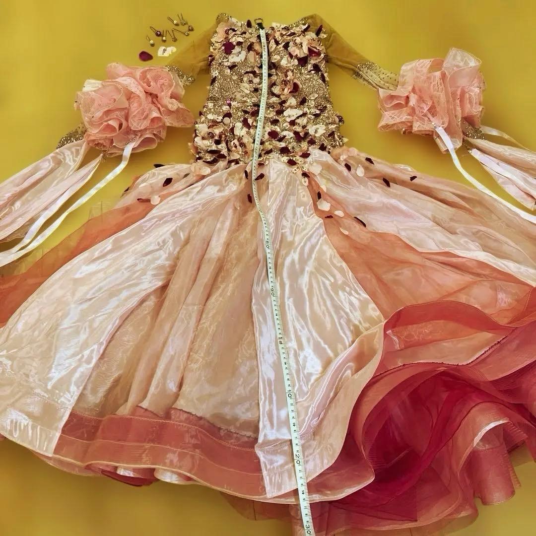 社交ダンスドレス 長袖 スタンダード ピンク フラワー装飾