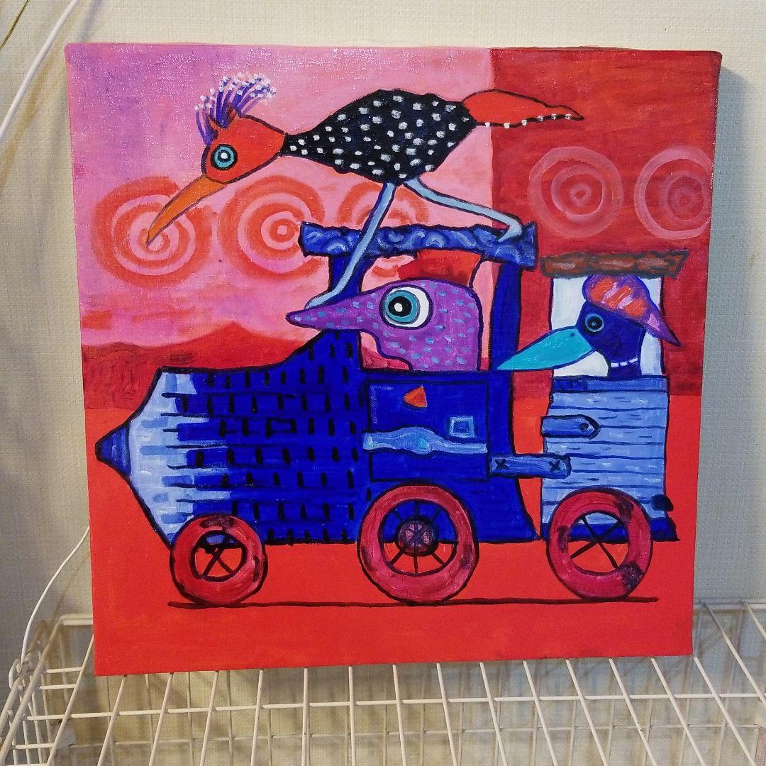 油絵　ロンロンロン　ドライブする鳥