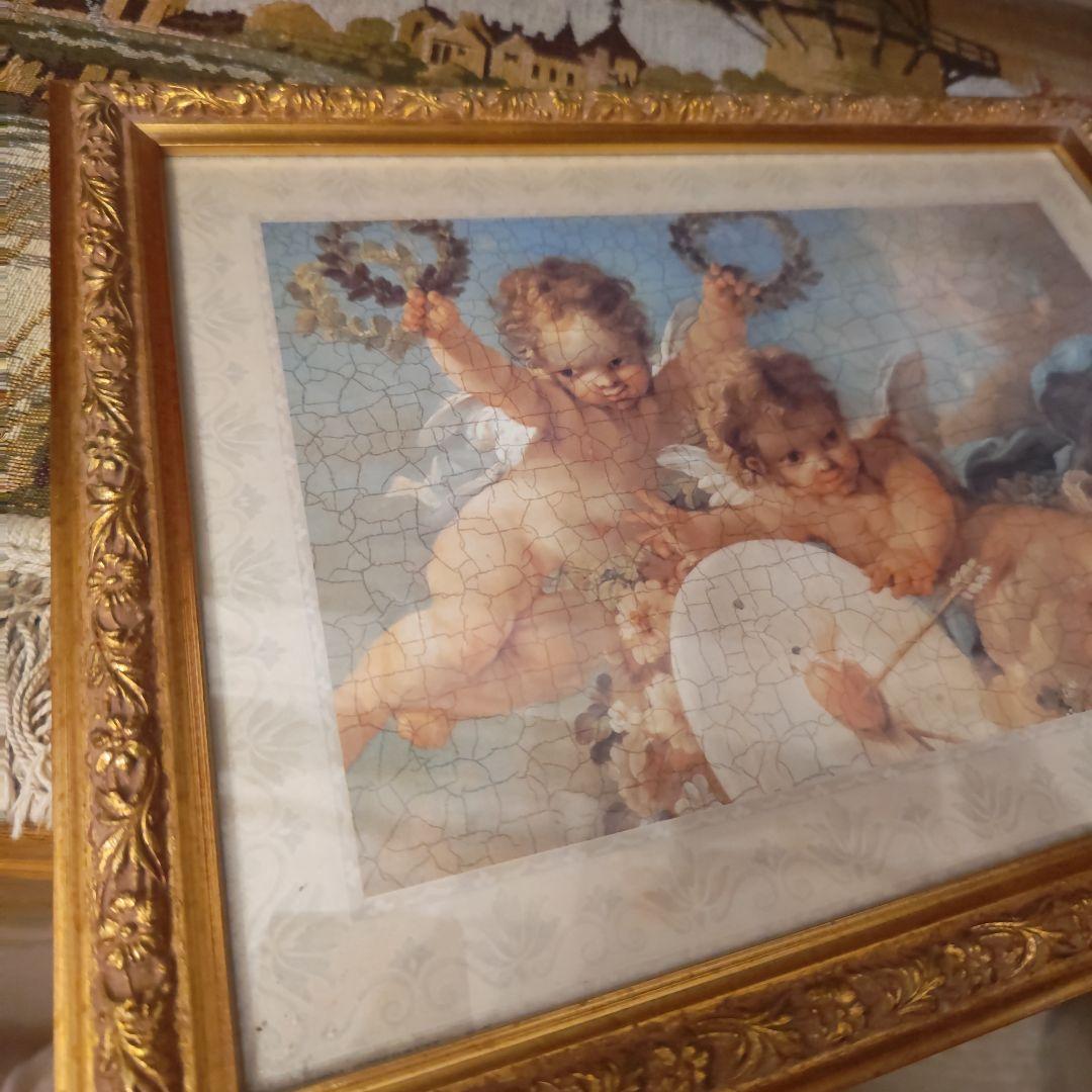 天使　額絵　イタリア製　宗教　ひび割れ風　アートポスター　金枠　彫刻　ゴールド