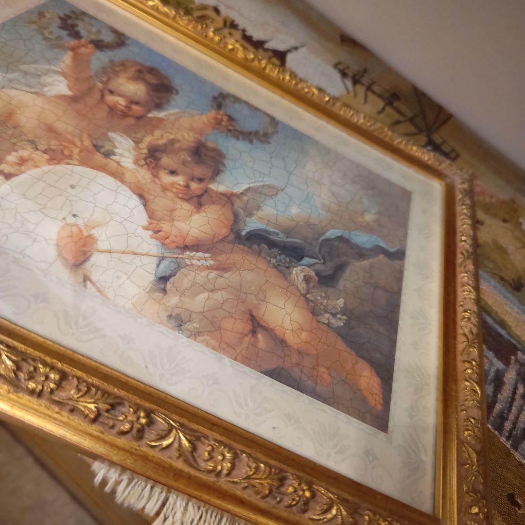 天使　額絵　イタリア製　宗教　ひび割れ風　アートポスター　金枠　彫刻　ゴールド