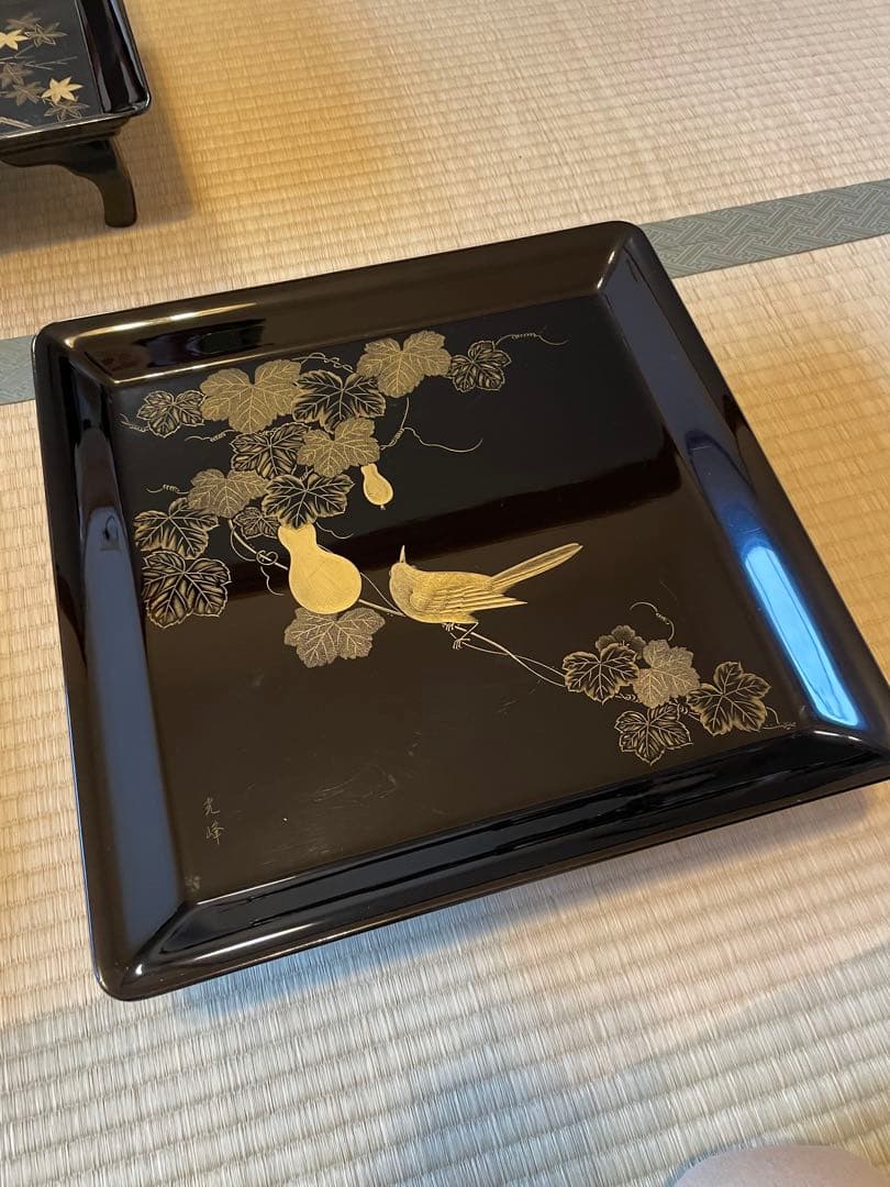 5点セット　脚付膳　お膳台　漆塗り　金　蒔絵　鳥　鷹　鶯　花　紅葉　もみじ　瓢箪