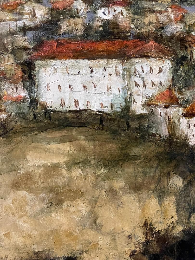 【模写】千本裕三「教会の見える丘」風景画　油彩画　額装　サイン有り　F15号