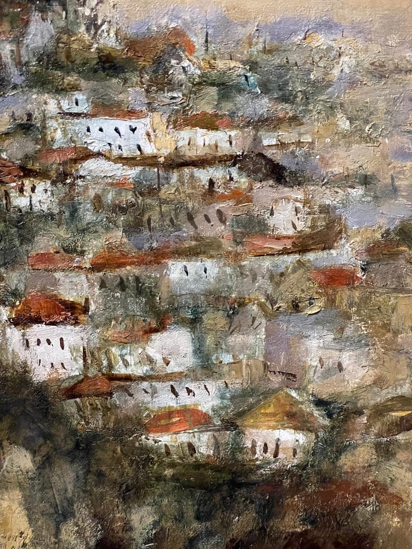 【模写】千本裕三「教会の見える丘」風景画　油彩画　額装　サイン有り　F15号