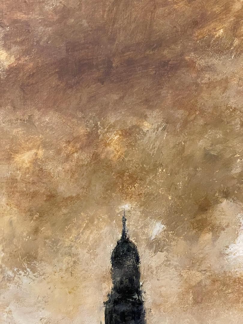 【模写】千本裕三「教会の見える丘」風景画　油彩画　額装　サイン有り　F15号