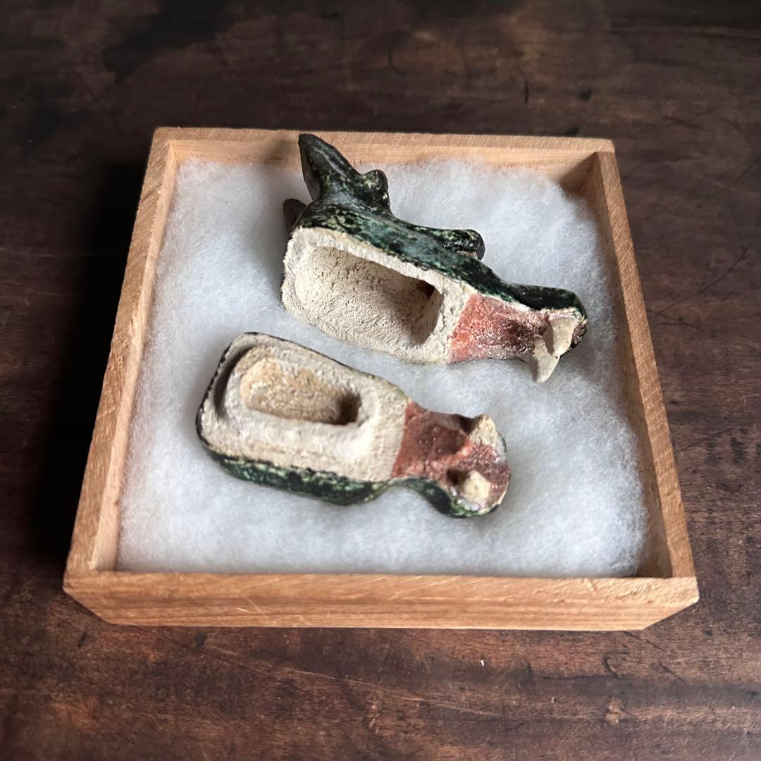 【珍品】美濃焼 織部焼 香道具 龍の頭型香合  龍頭香合 陶印あり 骨董