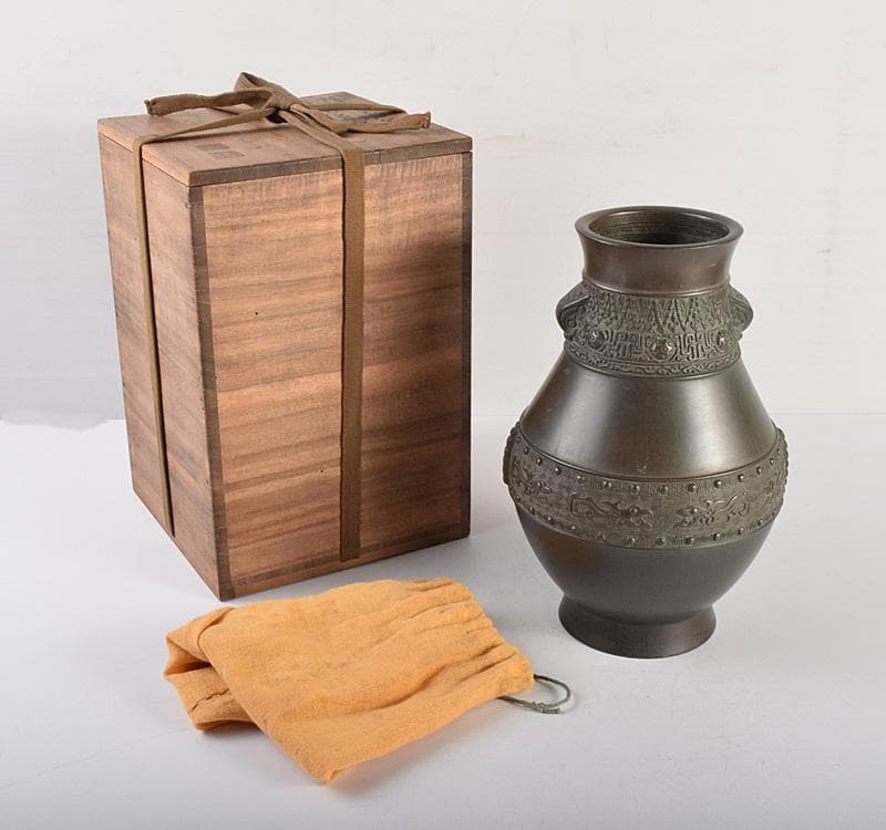 唐銅　桂華堂作　饕餮文　花器　花瓶　平安金英堂　正修識箱　V　R4933C