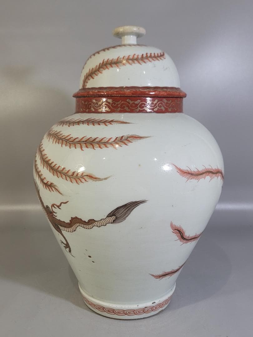 古伊万里 金彩赤絵 鳳龍紋 沈香壷 時代物 DT328