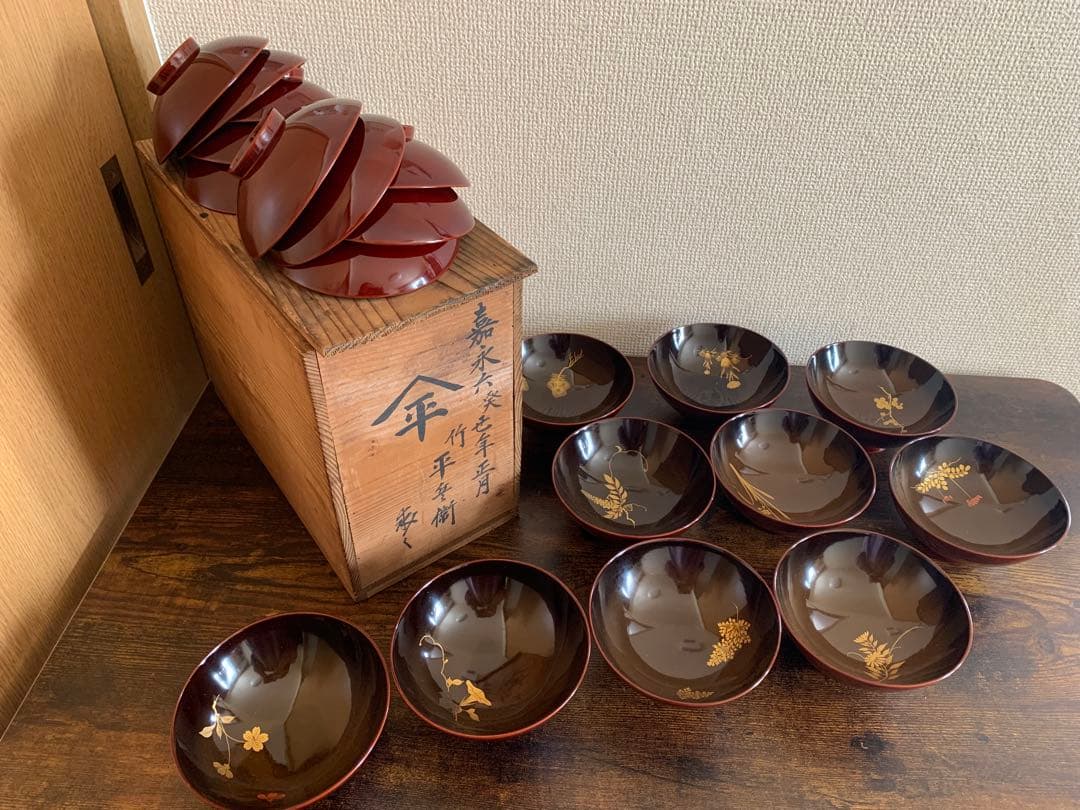 嘉永6年　見返し沈金蒔絵木製吸物椀10客　骨董品　絵がわり椀　汁椀　お椀　珍品