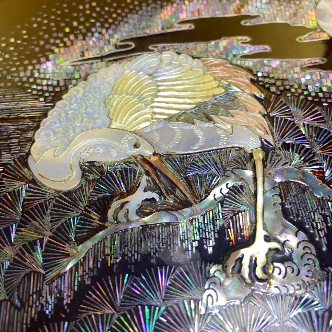 螺鈿細工，八角形 漆器 菓子器 鶴と松のデザイン