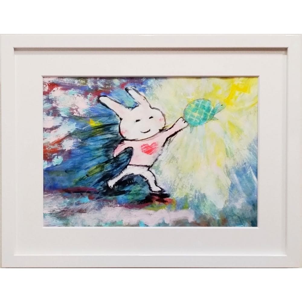 内野隆文　カミナリ　うさぎ　亀　絵画　ドローイング　現代美術　額付　真作