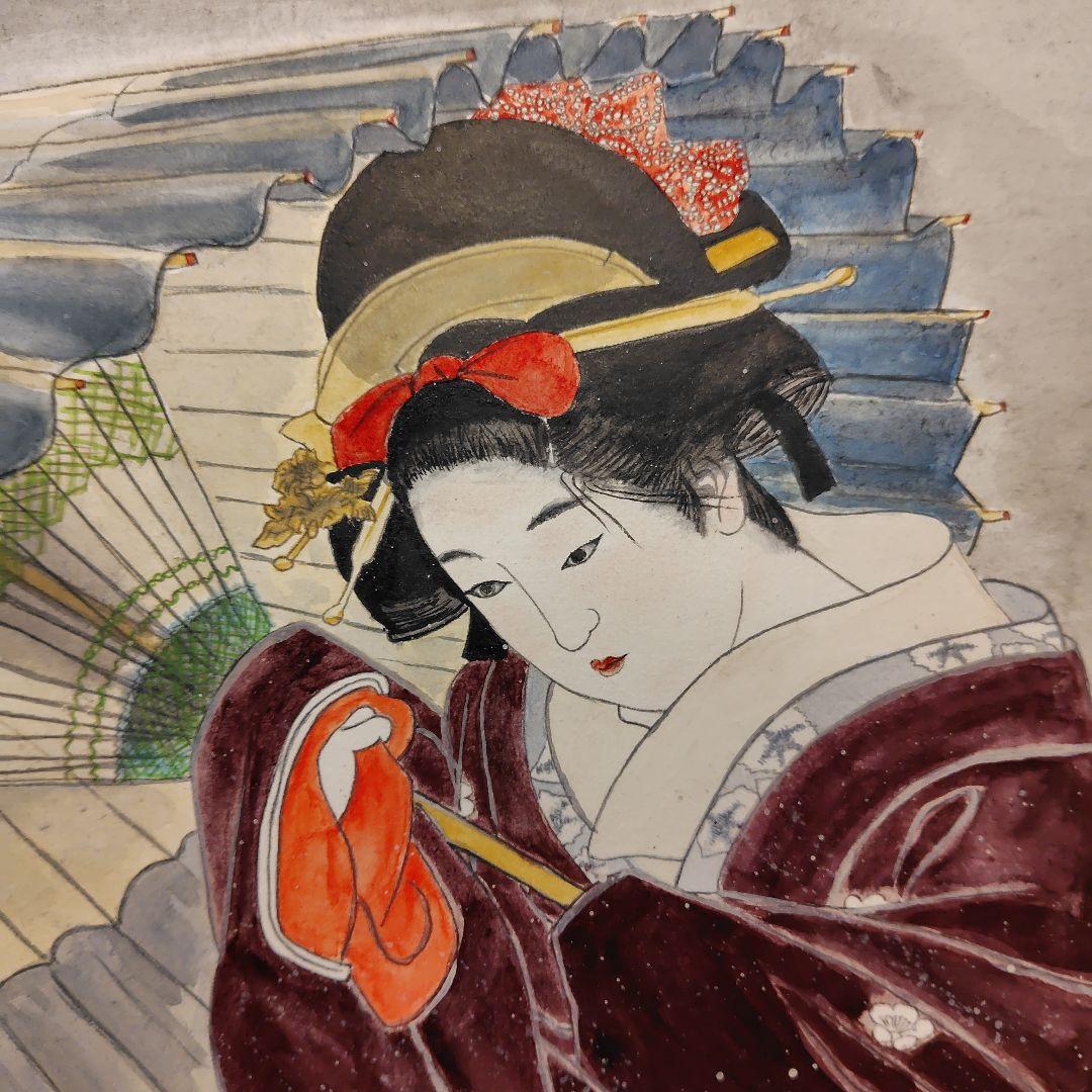 日本画　傘を差す女性画　額縁【銘入り】