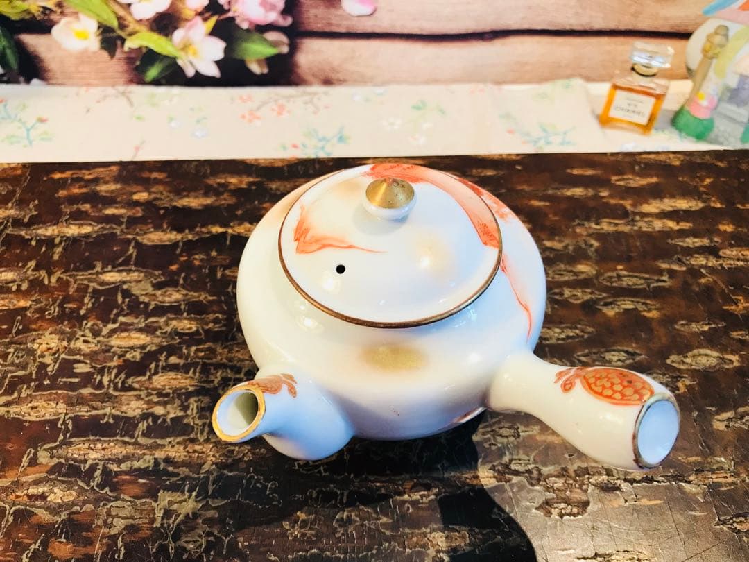 稀少 時代古物 古九谷 赤絵 金彩山水閣楼紋 煎茶器 急須/煎茶碗/湯冷 5点