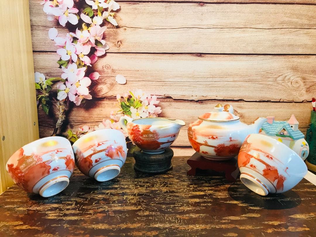 稀少 時代古物 古九谷 赤絵 金彩山水閣楼紋 煎茶器 急須/煎茶碗/湯冷 5点