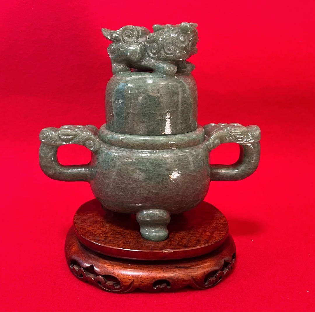 中国美術 中国古玩 玉石 三足香炉 置物 香道具 台座付き