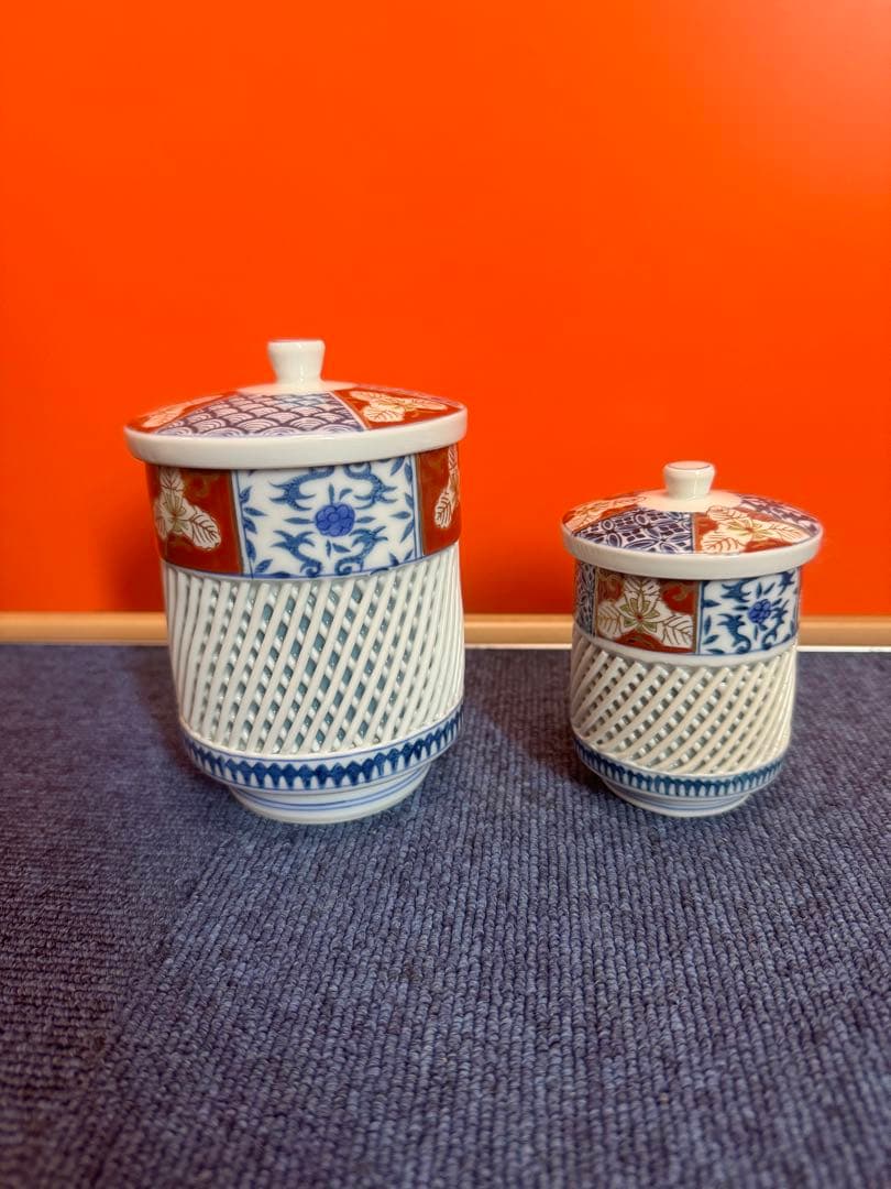 1978 有田焼　西浦琴峰作　白磁篭目焼　湯呑　2客　未使用