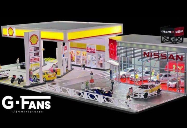 ◉1/64ジオラマ2点セット【シェルGS➕日産ショールーム】（LED付）《新品》