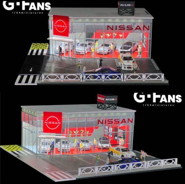 ◉1/64ジオラマ2点セット【シェルGS➕日産ショールーム】（LED付）《新品》