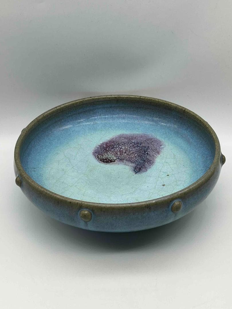宋から元時代　鈞窯　澱青月白釉紫斑 鼓釘鈕洗 水丞 【旧家蔵出し】(B-92)