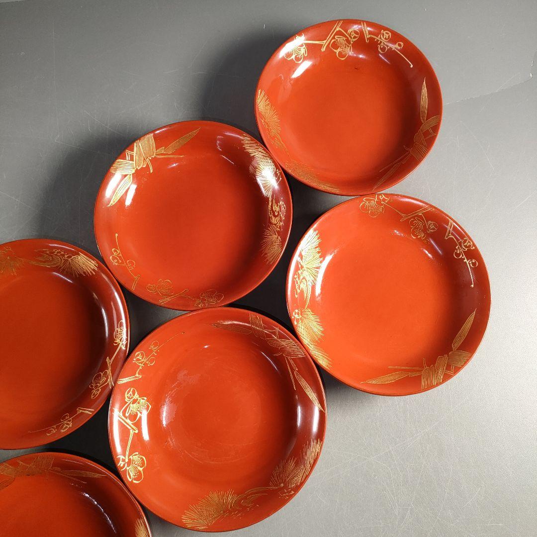 A1375-5/輪島塗/金彩松竹梅堀画輪島朱色木皿20客/向付/懐石道具/銘々皿