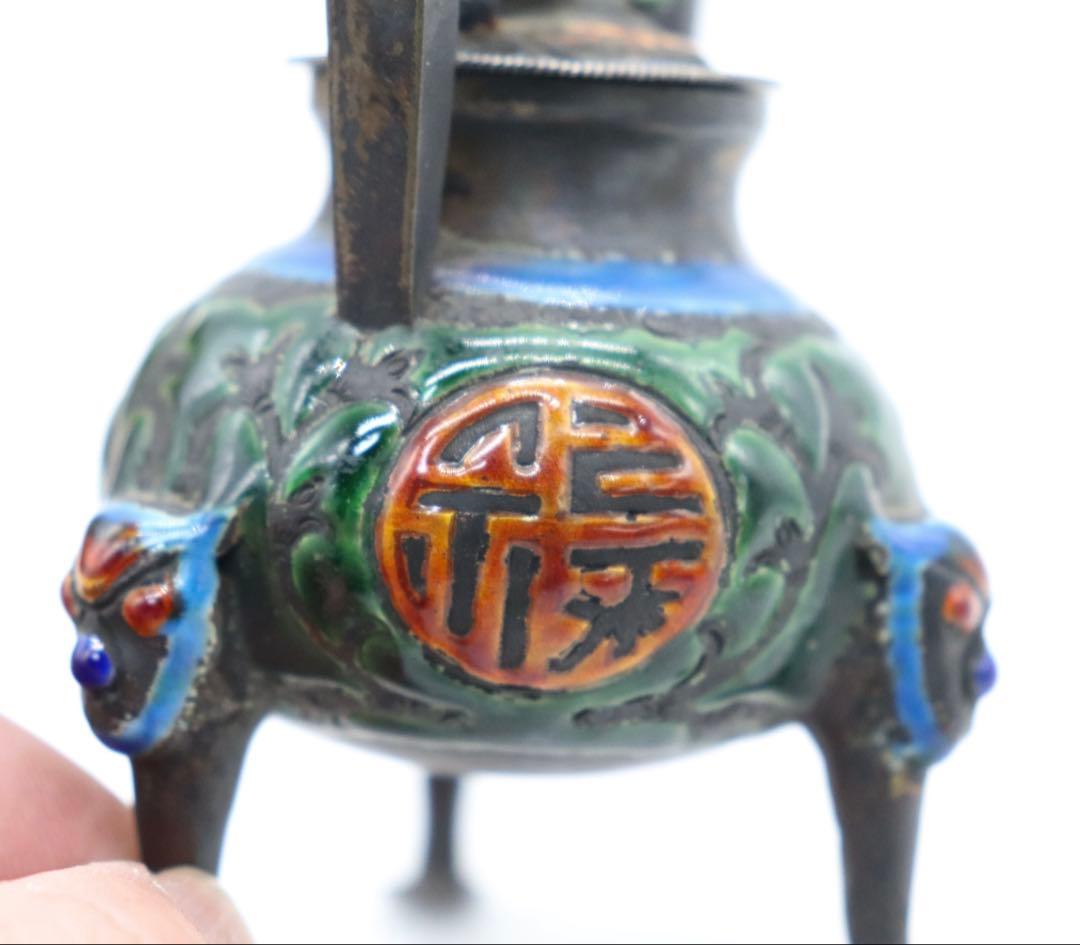 中国　清時代　福寿　銀製七宝焼獣足香炉　木箱入　送料込み250509