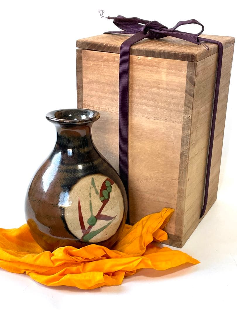 人間国宝　陶芸家　濱田庄司　浜田庄司　柿釉　トウキビ文　赤絵　徳利　共箱　民芸