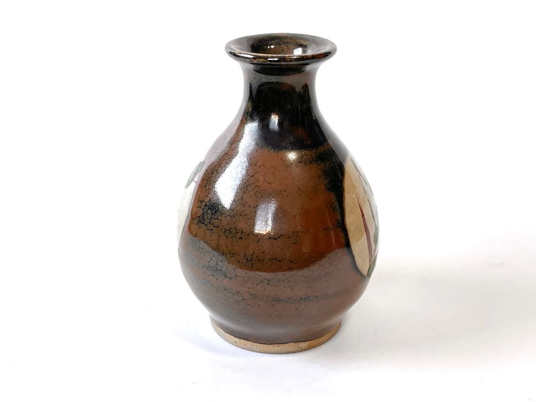 人間国宝　陶芸家　濱田庄司　浜田庄司　柿釉　トウキビ文　赤絵　徳利　共箱　民芸