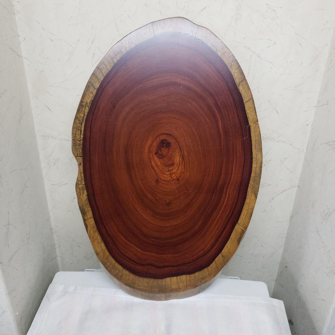 蔵出し特価紫檀製無垢はす切り花台　円形テーブル 赤褐色 大きめ５５×３６×３cm