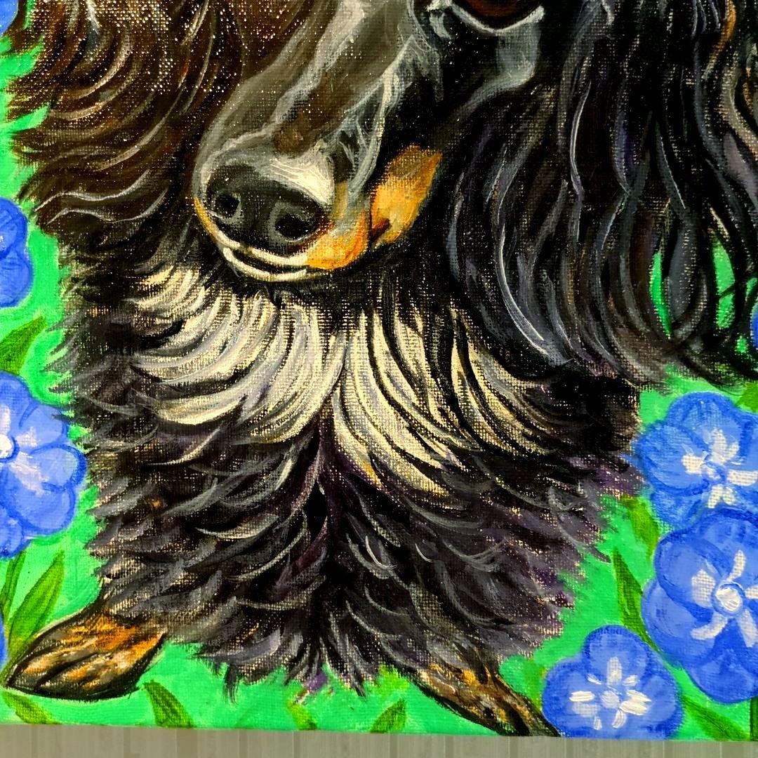 キャンバス油絵　phorn 　美しいラズちゃんと青い花　メモリアル