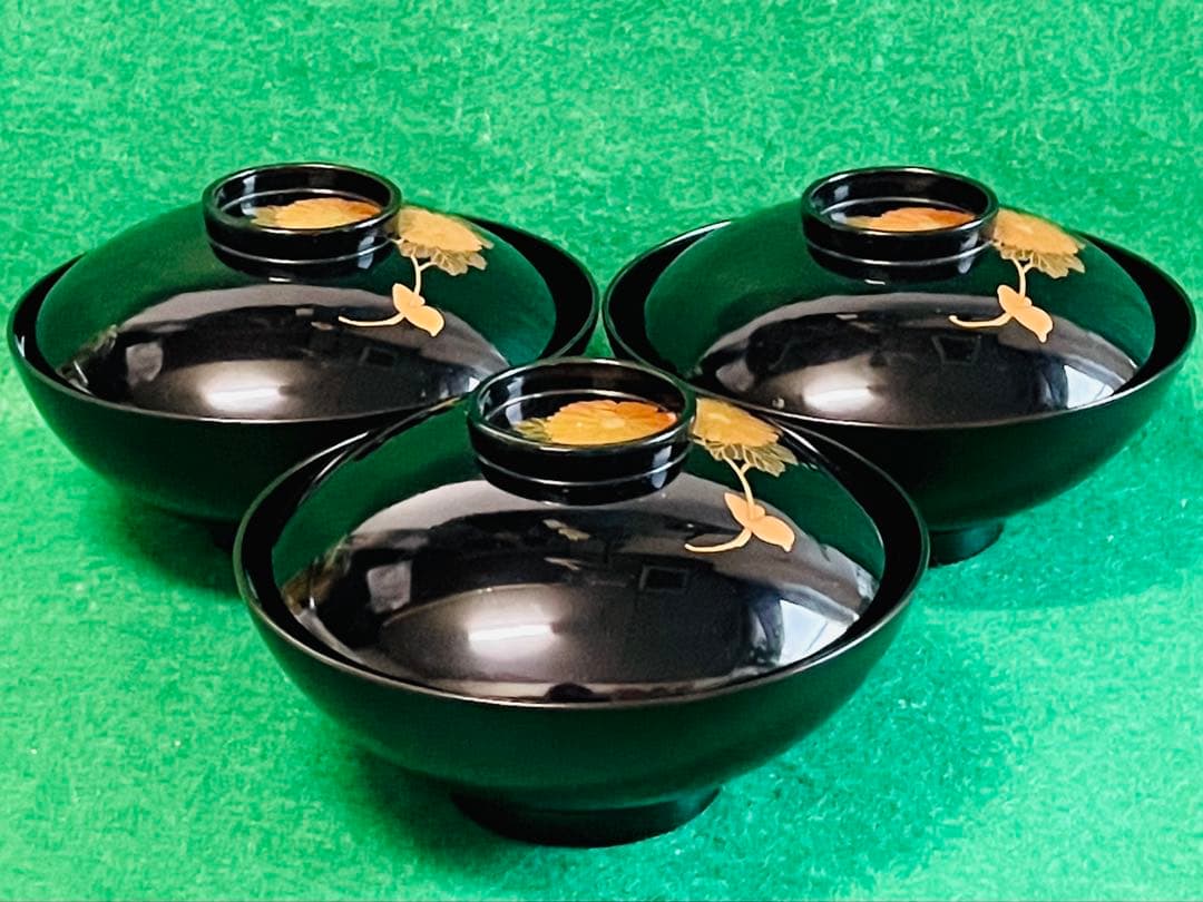 アンティーク明治期木製輪島塗金彩蒔絵蓋付き椀 3個セット