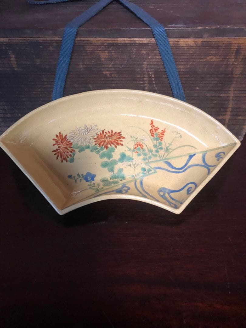 古い清水焼の色絵扇面形皿5客古箱入