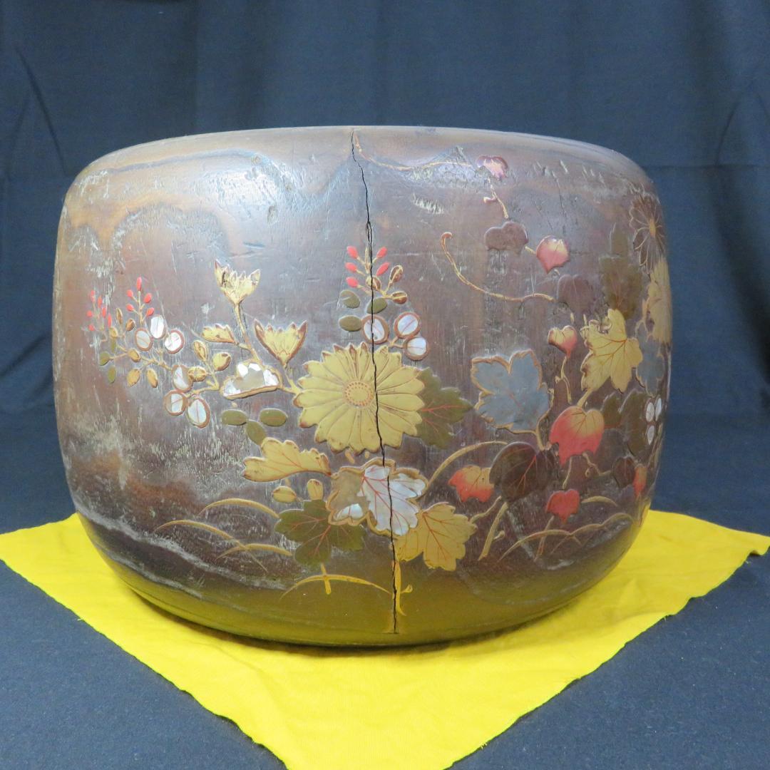 桐火鉢 手あぶり 灰なし 割れ 螺鈿 蒔絵 草花