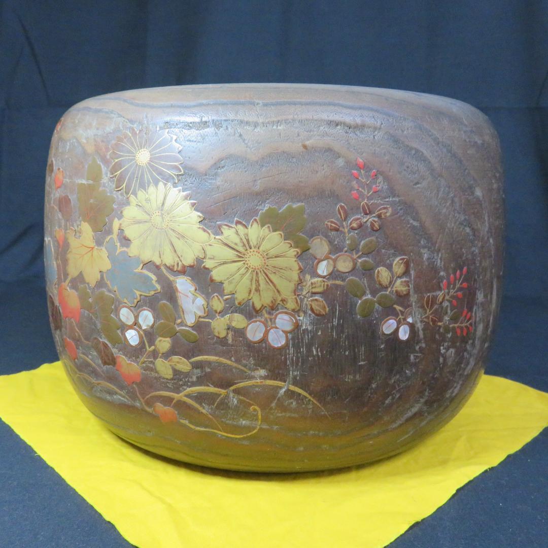 桐火鉢 手あぶり 灰なし 割れ 螺鈿 蒔絵 草花