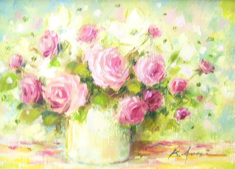 絵画 油絵 青木今陽 肉筆油絵 ピンク色の薔薇