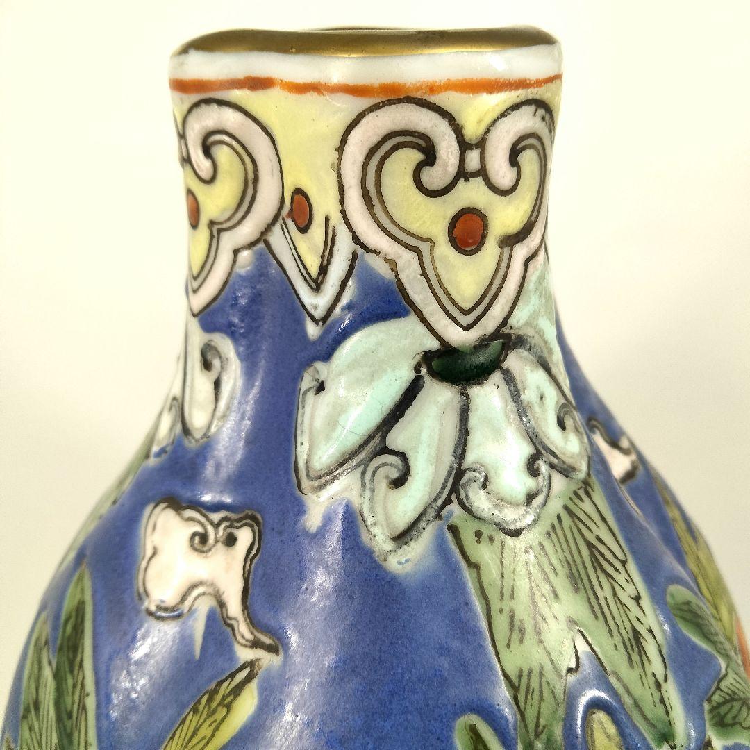 中国 大清同治年製 色絵粉彩花鳥図 瓢箪形花瓶 高さ38cm　EE