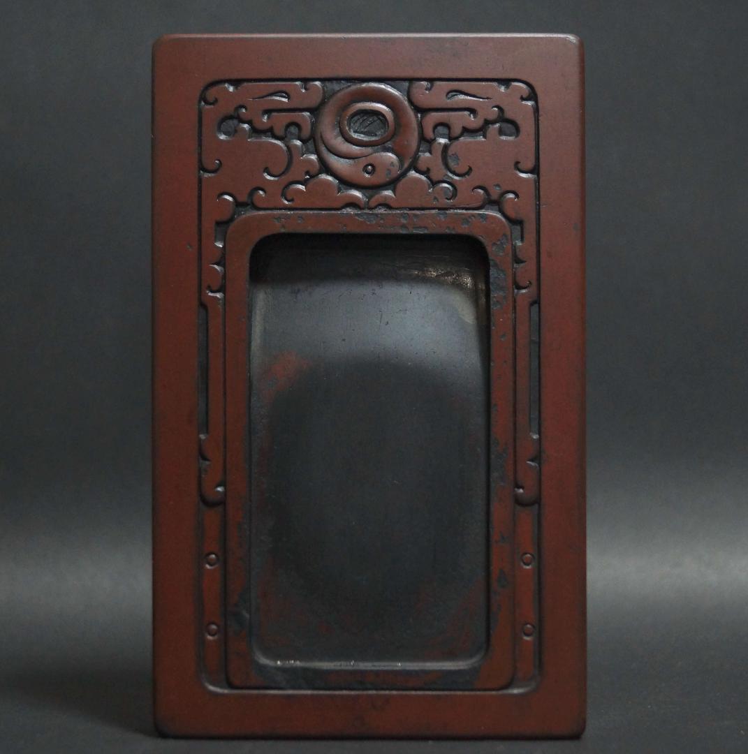 清 龍紋端渓硯 唐木紫檀硯台蓋付☆書道具☆時代物☆