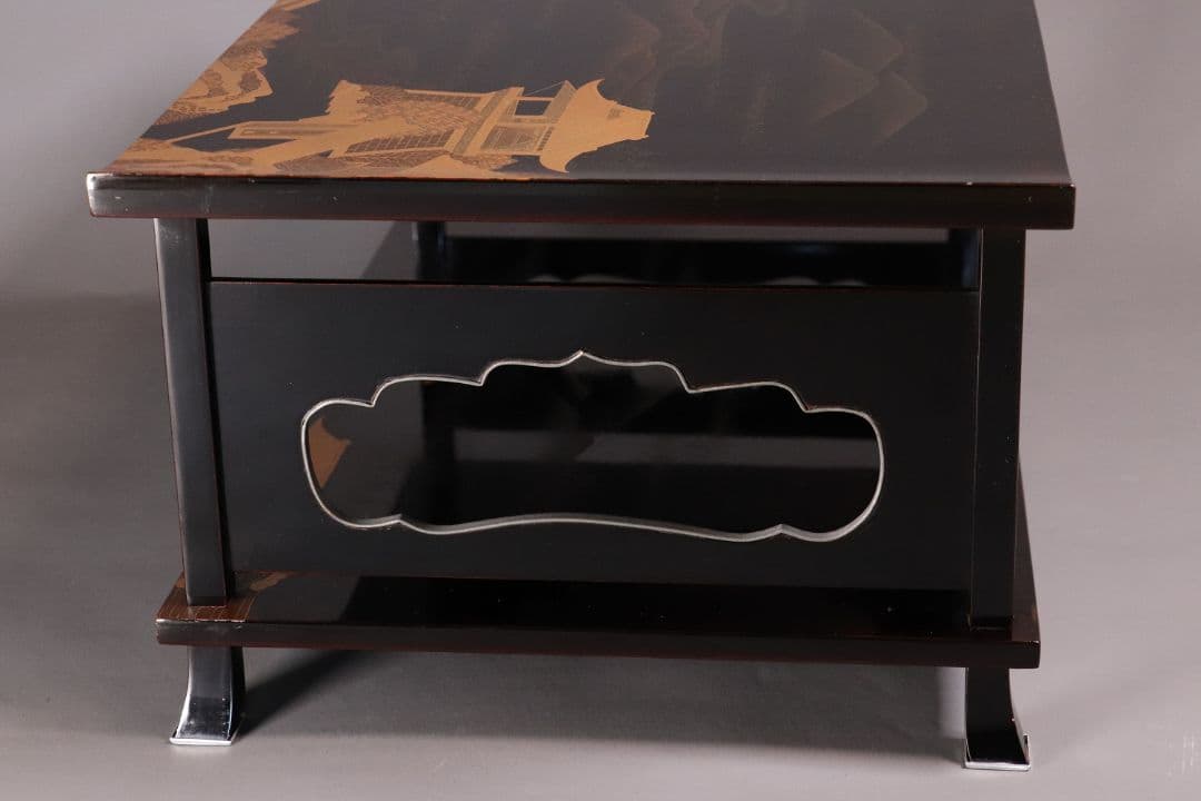 輪島塗 久世宗春 山水金蒔絵 冠卓 二段卓 花台 黒塗 天然木【MA366】