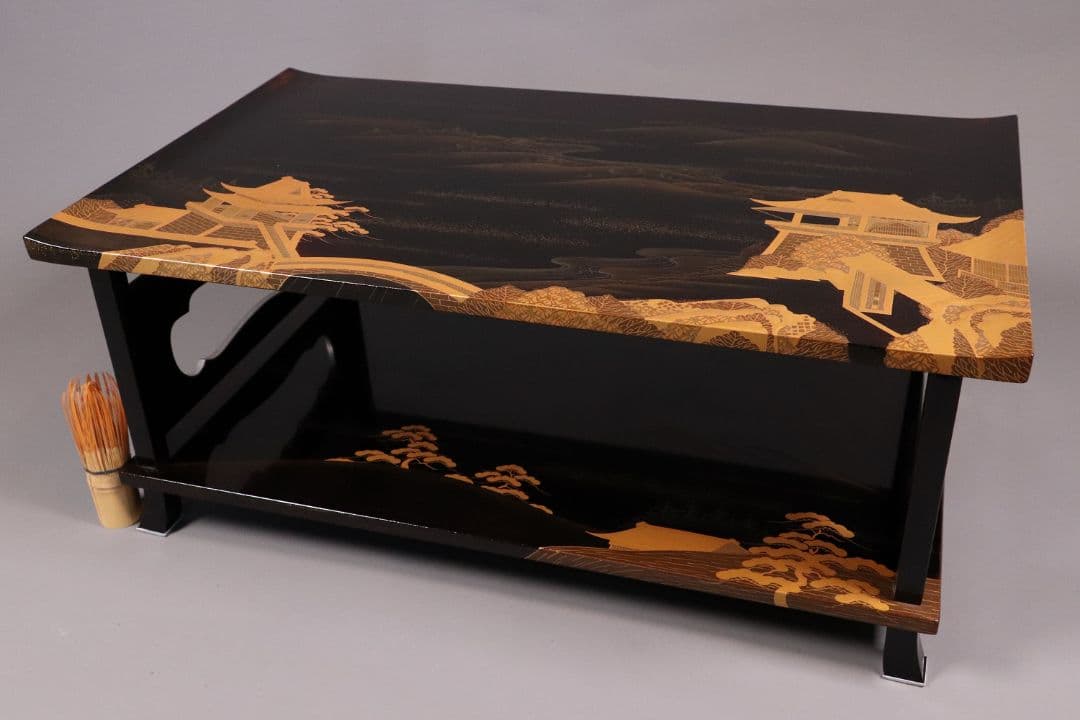 輪島塗 久世宗春 山水金蒔絵 冠卓 二段卓 花台 黒塗 天然木【MA366】