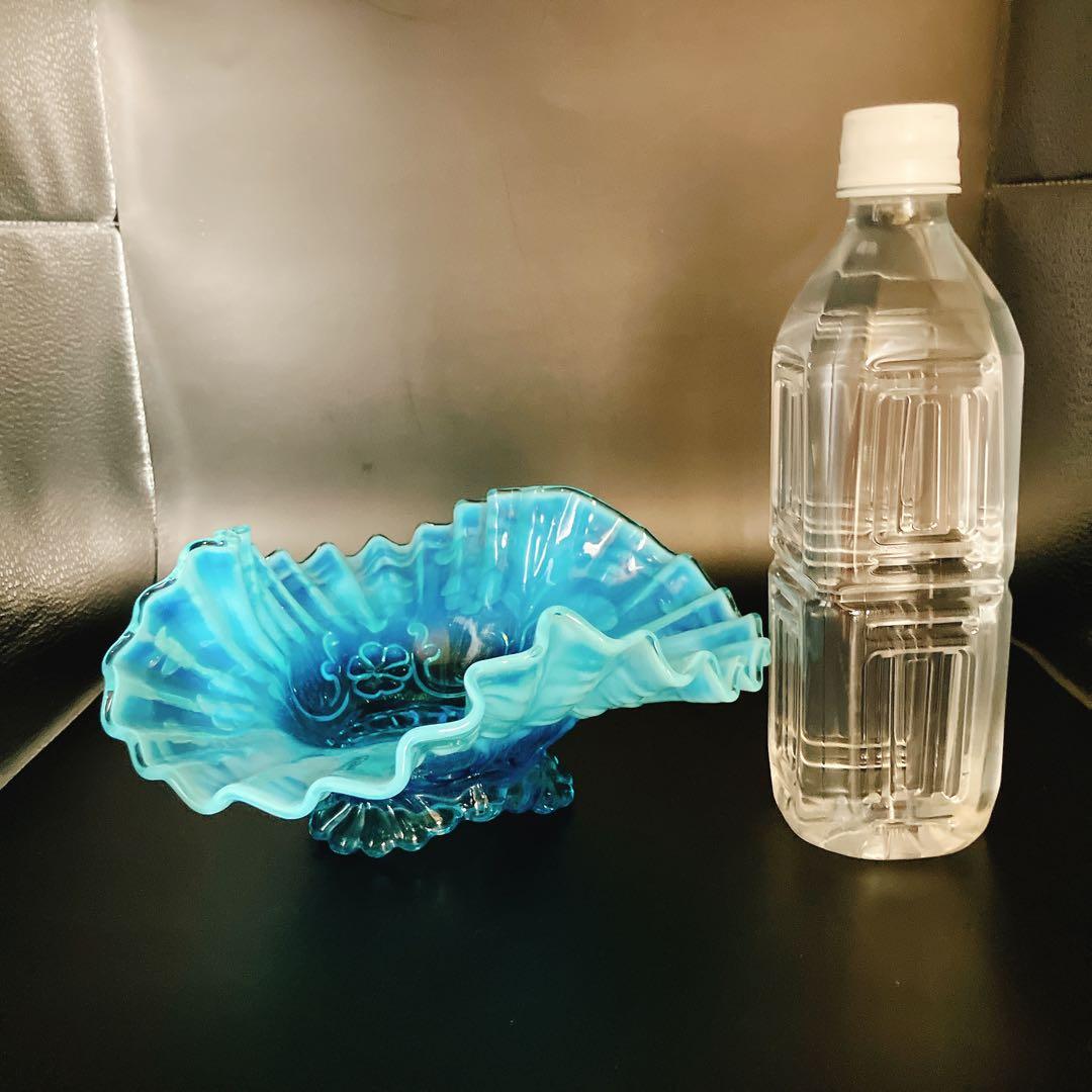 美品 ボーモント・フェントン社 ブルーオパルセント ウランガラス フリル ボウル