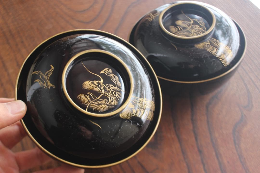 時代逸品！時代金縁黒漆に極上龍富士山沈金の映えるお椀2点（検輪島塗沈金椀懐石椀