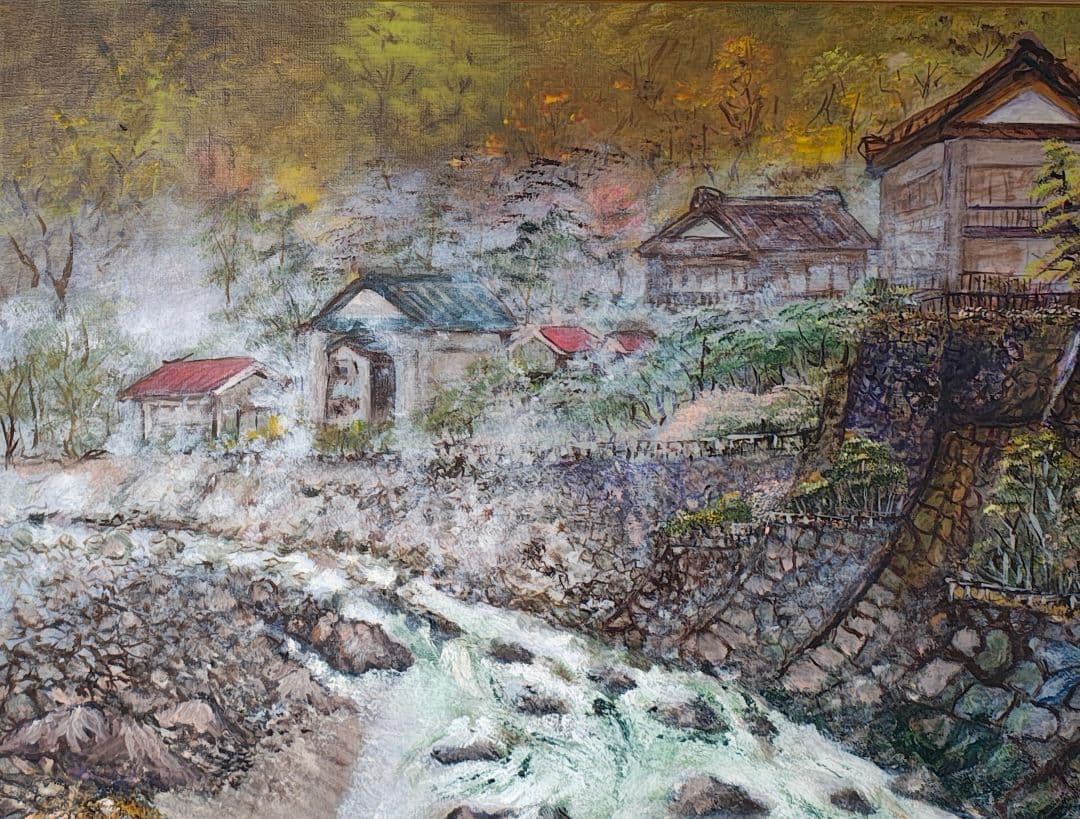 旅館装飾 F30号 大型 額縁 油絵 温泉街 昭和レトロ 店舗什器 アンティーク