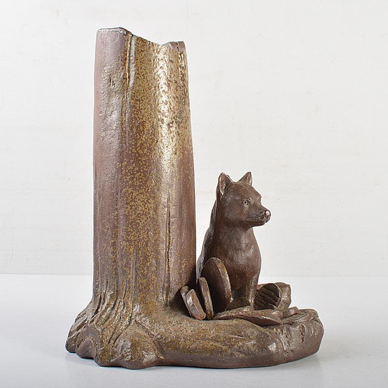 備前焼　人間国宝　金重陶陽作　犬飾り壺　花瓶　追悼30周年展冊子付　MR7258