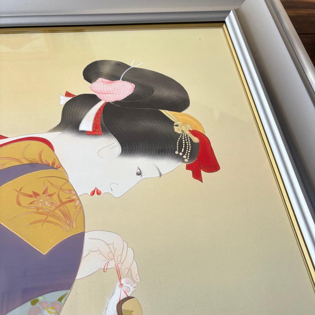 堀江浮水 (堀江豊生)「愛猫」額装 共シール 美人画 日本画 A