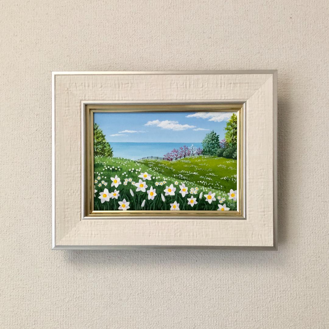 アクリル画　原画　「スイセンの咲く丘02」額縁付　SMサイズ　キャンバス