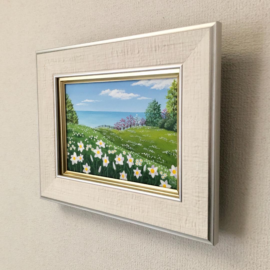 アクリル画　原画　「スイセンの咲く丘02」額縁付　SMサイズ　キャンバス