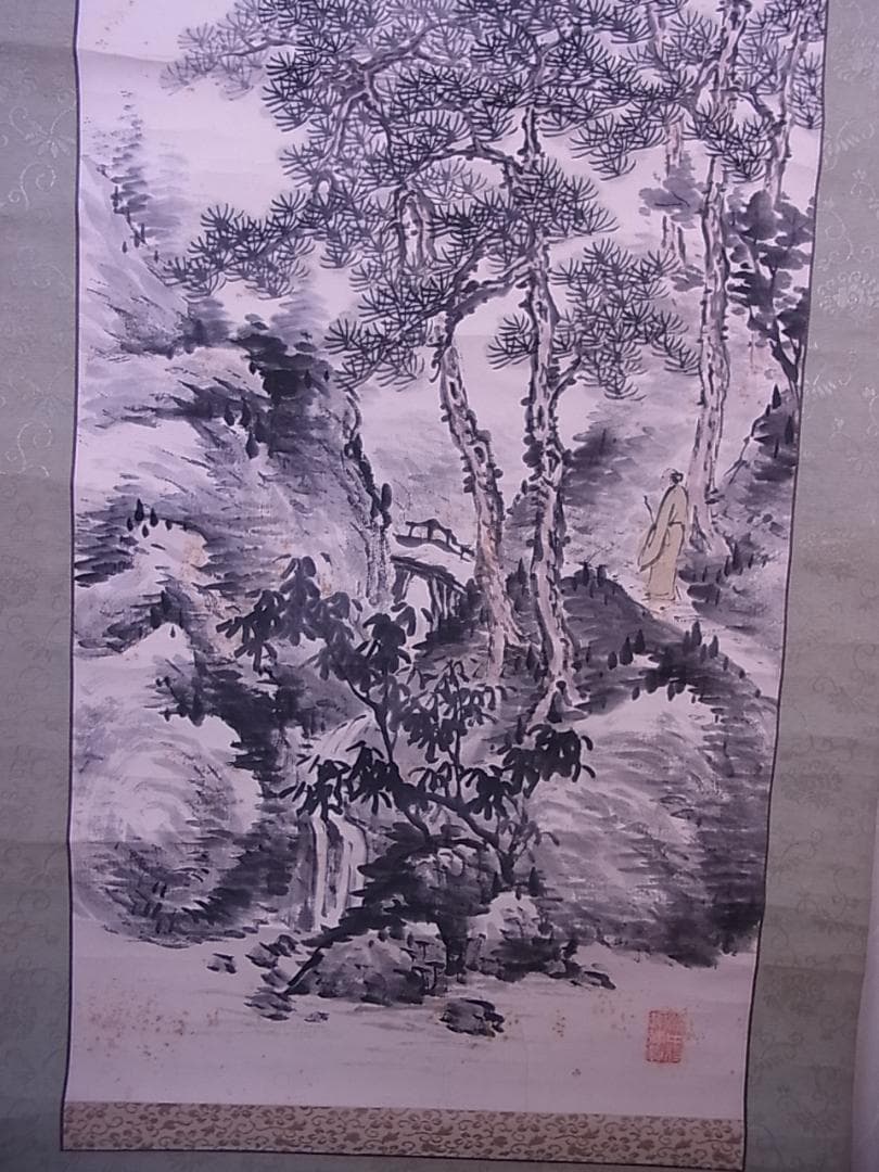 掛軸　『松溪吟行之図』竹雨山人　箱付