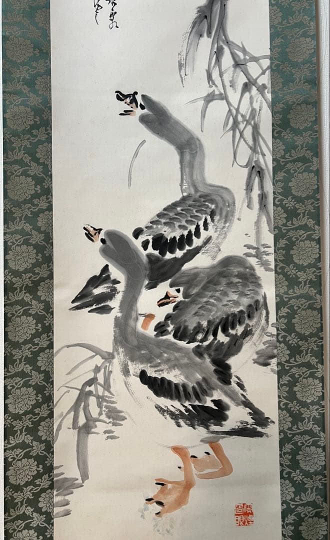 掛け軸　児玉果亭 絵［鴨ノ図］紙本　木箱付！