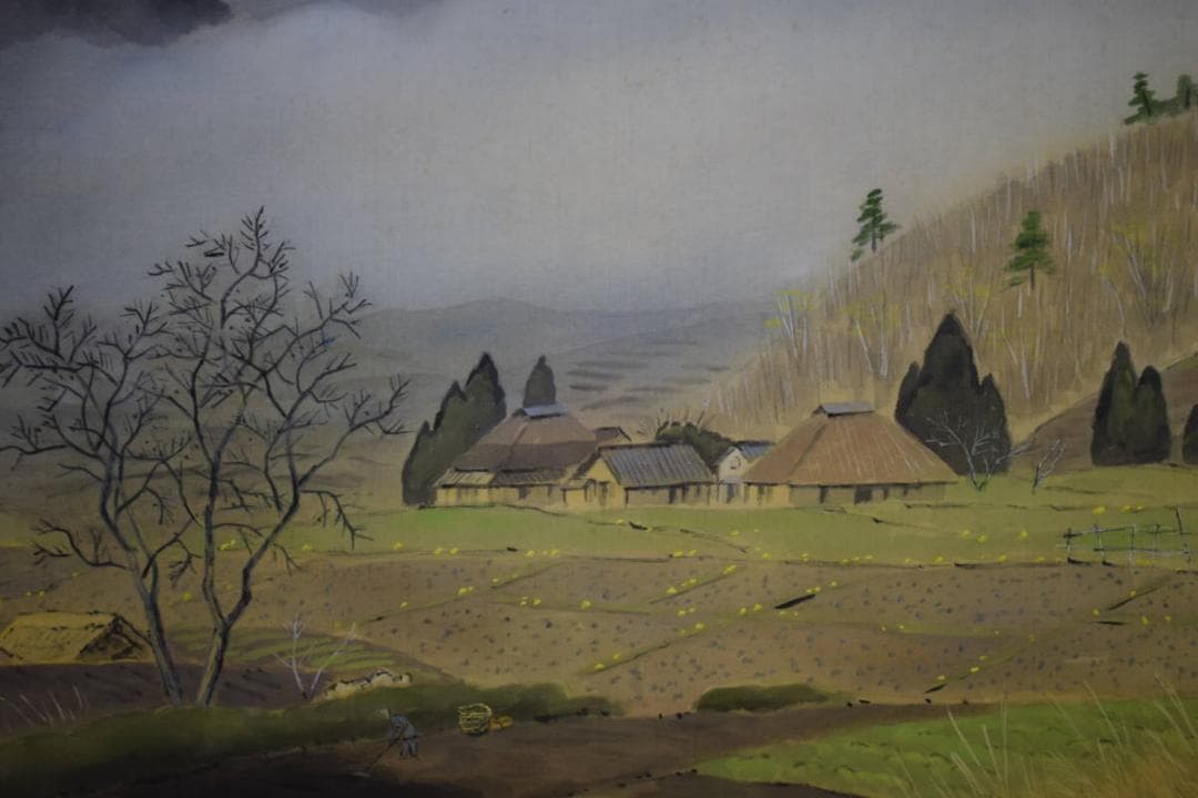 真作/湯上呂久/春耕/山水人物図/桐共箱付/布袋屋掛軸HH-869