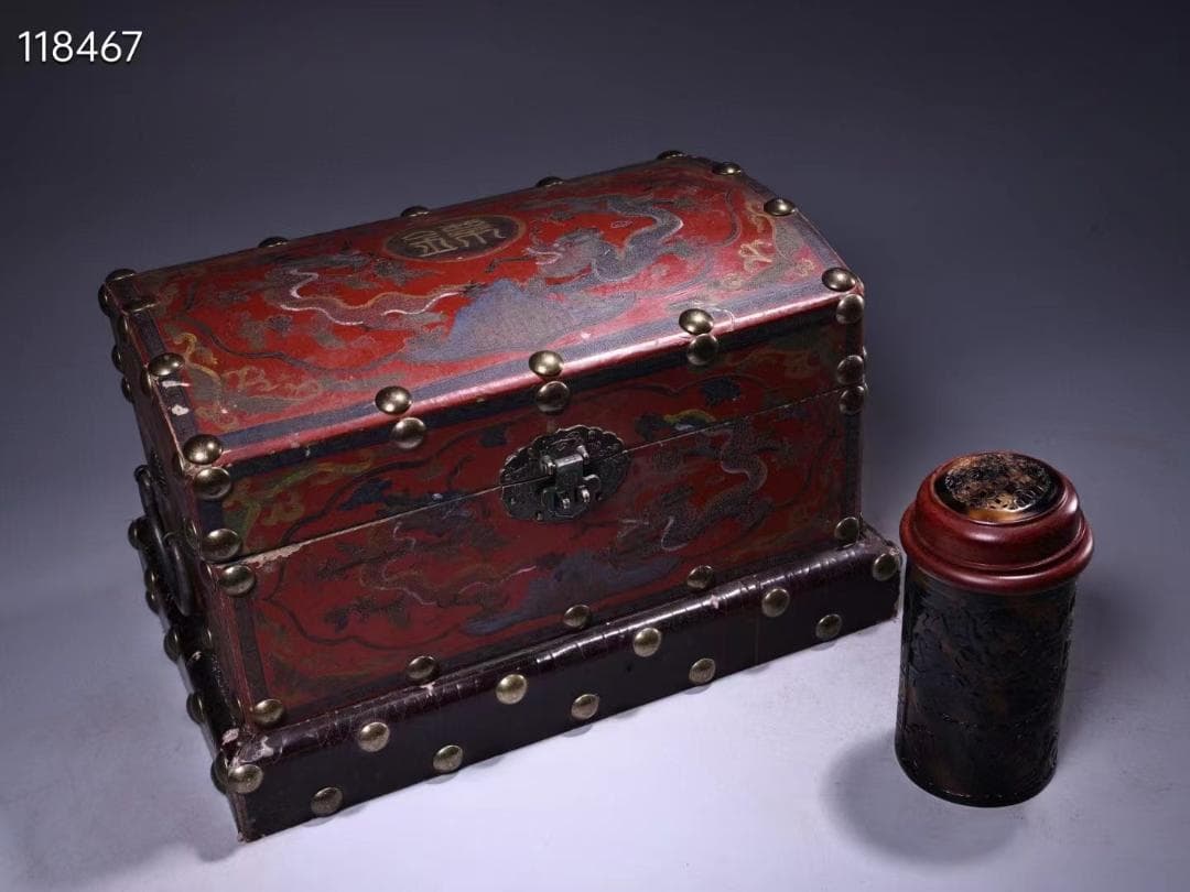 中国古美術・漆器箱付珍品古蔵珍しい高浮彫り龍・鼈甲コオロギ缶案頭・置物・文房具