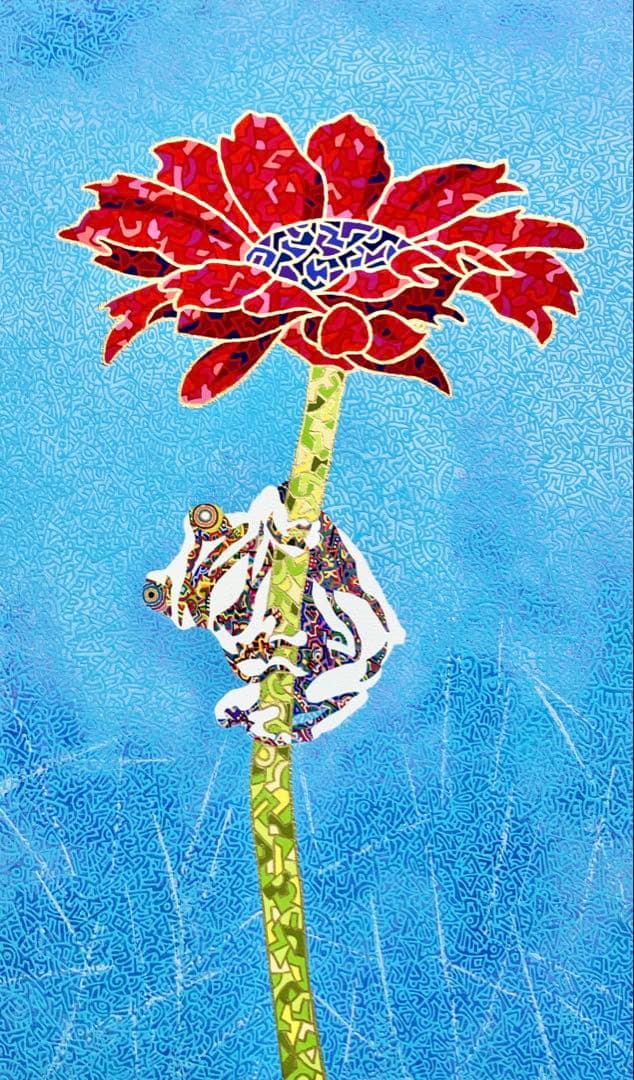 原画　蛙　動物画　絵画　アクリル画　現代アート　細密画　手描き　一点物